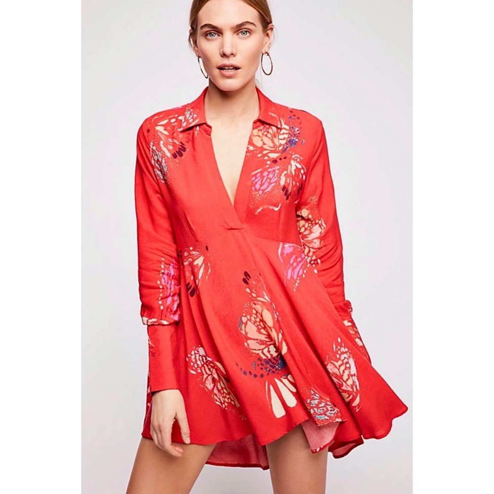 Free People Red Butterfly Print Tunic Top Dress V-Neck High-Low Boho‎ XS
